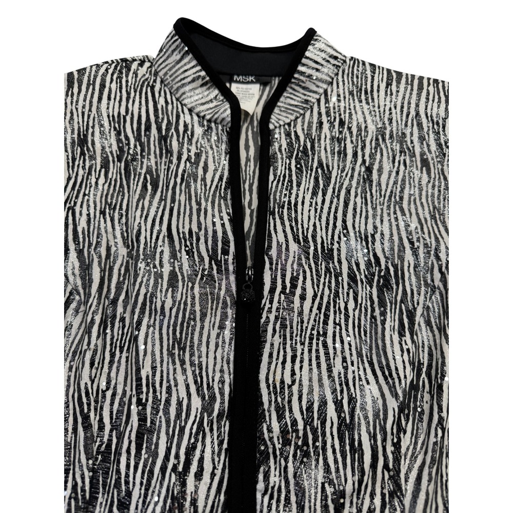 MSK Zebra Print Jacket Womens S Black White Sequin Zip Up Mock Neck Shimmer